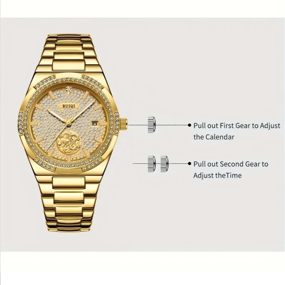 RUIQI Unisex Elegant Mechanical Watch - Full Golden Dial, Luminous Hands, NEW